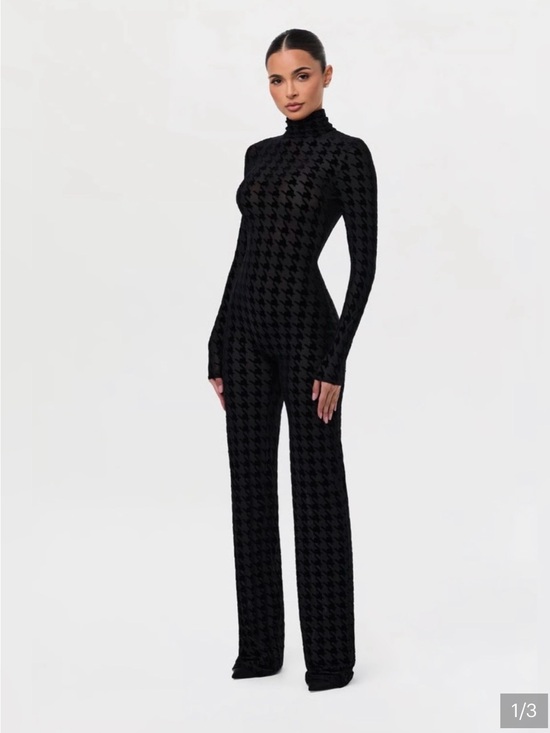 naked wardrobe Pants - naked wardrobe Black Houndstooth Turtleneck Wide-Leg Jumpsuit Burnout